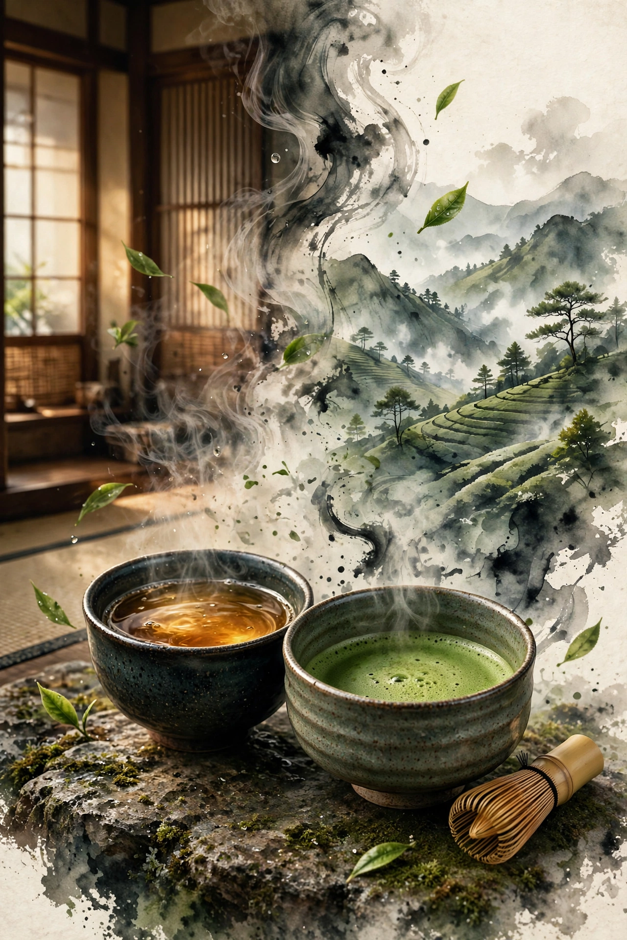 Two cups of matcha with a bamboo whisk