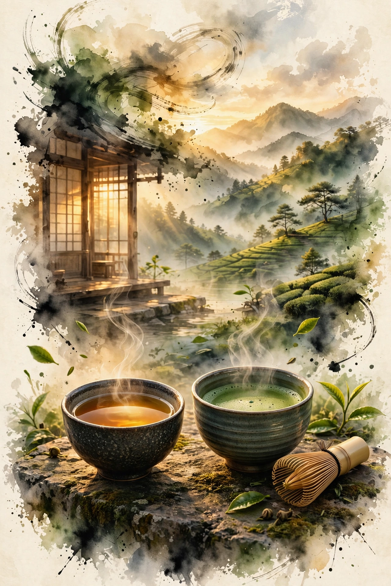 Two cups of tea, tea mountains at dawn